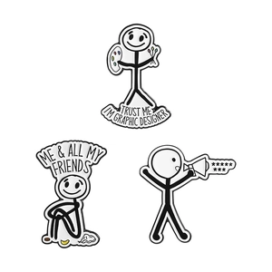 Creative minimalist stickman enamel pins set featuring a graphic designer and funny quotes