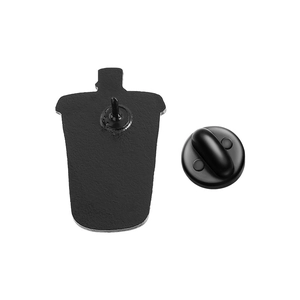 Detail of creative beverage cup enamel pin with metal back needle and black rubber clutch