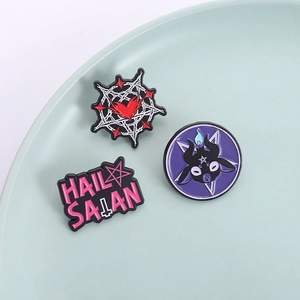 Gothic satanic enamel pins set with Baphomet goat head and pentagram star designs