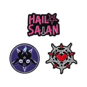 Gothic punk metal brooch set featuring mystic goat head, pentagram, and heart designs
