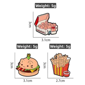 Cat-themed fast food enamel pins set featuring kitten burgers and fries designs