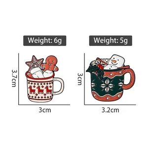 Christmas enamel pins with reindeer and snowman designs in festive holiday mugs