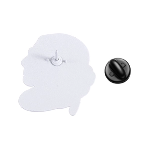 Detail view of white enamel pin back with durable black rubber clutch attachment