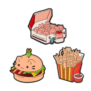 Three-piece set of cartoon cat fast food enamel pins including nuggets, burger, and fries