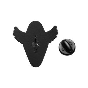 Detailed back view of a metal wing badge showing the pin fastener and black rubber clutch