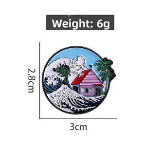 Circular ocean wave and coconut tree enamel pin with minimalist landscape design