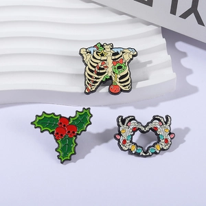 Creative Halloween enamel pin set featuring skull ribs, holly berries, and heart hands