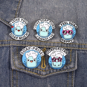 5-pack creative blue soap enamel pins with funny slogans on denim jacket pocket