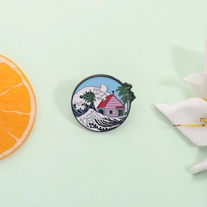Creative wave cottage enamel badge with pink roof and palm trees on light green background