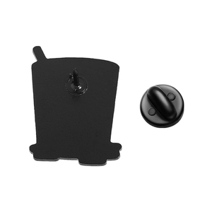 Detail view of the enamel pin back with durable black rubber clutch and metal needle