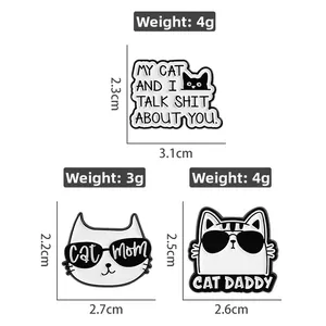 Detailed view of cat enamel pins with dimensions and weight for Cat Mom and Cat Daddy styles