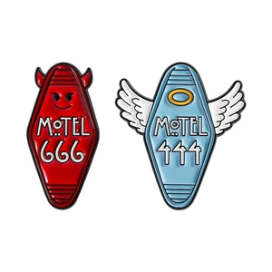 Retro motel style enamel pin set with red devil 666 and blue angel 444 design badges