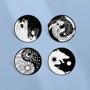 Set of 4 creative black and white yin yang badges featuring cat fish sun moon and wolf
