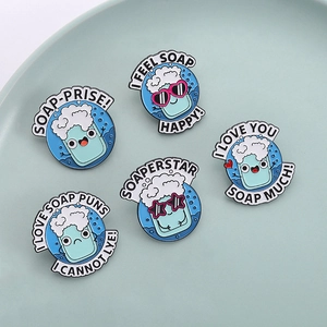 Set of 5 funny cartoon enamel pins with soap puns and cute facial expressions
