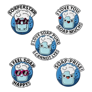 5-piece set of cute blue soap enamel pins with funny puns on white background