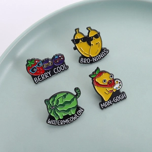 Creative fruit enamel pins set featuring banana, mango, berry, and cat watermelon designs
