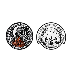Cartoon witch themed enamel pins with feminist slogans in black and white retro design