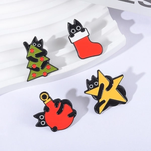 Set of 4 Christmas black cat enamel pins featuring a tree, sock, star, and festive ball
