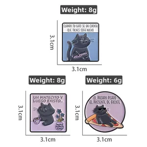 Detailed views of black cat enamel pins with dimensions 3.1cm and weights 6g to 8g