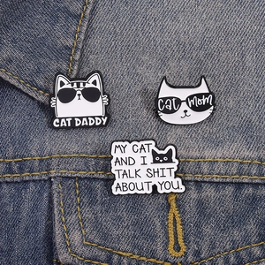 Funny set of 3 black and white cat enamel pins featuring Cat Mom and Cat Daddy text
