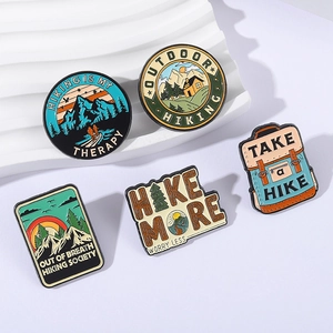 Five pieces outdoor hiking enamel pin set with mountain landscapes and forest designs