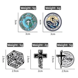 Detailed size and weight chart for assorted enamel pins with cross and wave designs