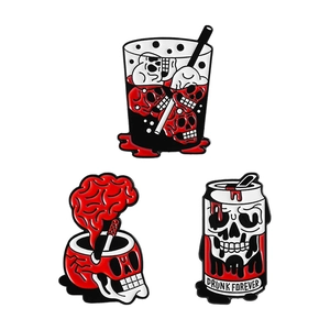 Three-piece gothic enamel pin set with skull glass, brain smoke, and Drunk Forever can