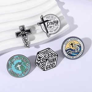 Set of 5 enamel cross and scenery pins with PRAY and TRUST GOD religious motifs