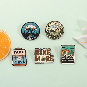 5-piece hiking metal brooch set with mountain designs and enamel finish
