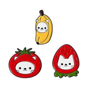 Cute enamel cat pins set featuring banana strawberry and tomato fruit kitten designs