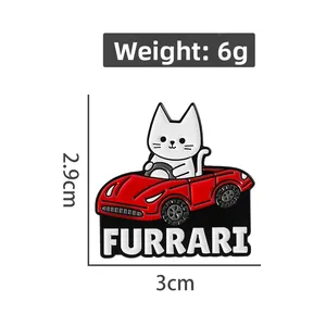 Detail view of cat driving a red Furrari enamel pin with 6g weight and 3cm size specs