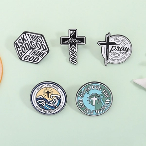 Set of 5 Christian enamel pins with mountain and cross designs on green background