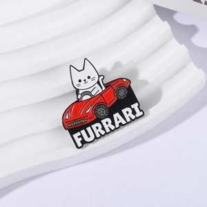 Cartoon white cat driving a red sports car enamel pin with Furrari word design