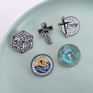 Five-piece Christian enamel pin set with cross and landscape designs on teal plate