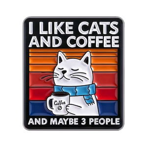 Retro square cat enamel pin with I Like Cats and Coffee quote on white background