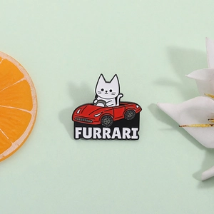 Cute Cartoon White Cat Driving Red Sports Car Furrari Enamel Pin Alloy Brooch Badge Personality Jewelry For Clothing Backpack Decor Gift