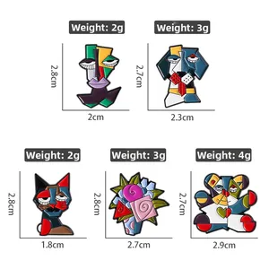 Detail view of colorful abstract enamel pins with dimensions and weight measurements