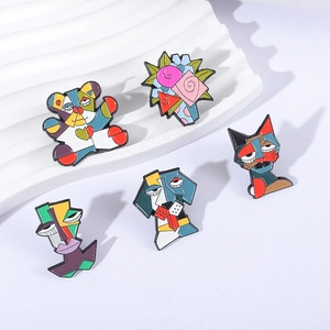 Artistic cubist enamel brooch pins featuring abstract animal and floral geometric designs