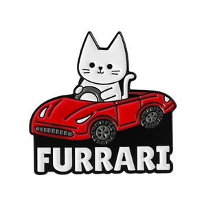 Funny cartoon cat driving a red luxury sports car enamel pin with Furrari text