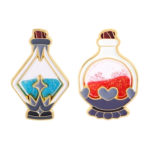 Broches en émail en forme de flacons magiques avec sable scintillant bleu et rouge doré