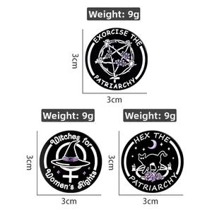 Three enamel pins set with witch motifs, 3cm diameter and 9g weight specifications