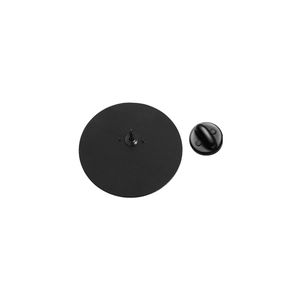 Detail of round black enamel pin back with durable rubber clasp and secure needle fixture