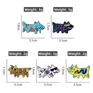 Detailed set of five colorful pop art enamel dog pins with unique geometric patterns