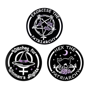 Three-piece black enamel witch badges set with pentagram, moon and cat designs