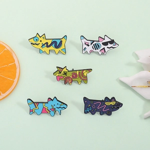 Five-piece set of artistic pop art puppy pins featuring vibrant geometric animal designs