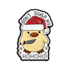 Funny Christmas duck enamel pin with knife and Don't Touch My slogan metal badge