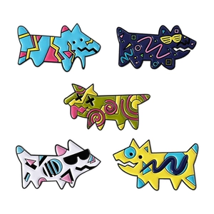 Set of five Memphis style colorful geometric puppy enamel brooches in alloy metal