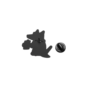 Detail view of animal badge back with matte black finish and black rubber pin clutch