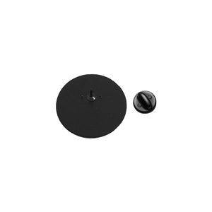 Detail of the black metal lapel pin back with durable rubber clutch and sharp needle base