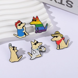 Five creative cartoon dog enamel pins with sunglasses on a white display stand